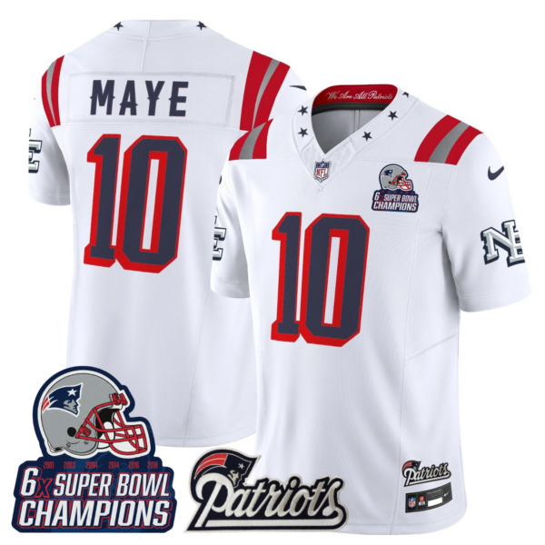 New England Patriots Drake Maye '6x Champions' Patch Rivalries Vapor Limited Jersey - All Stitched - White