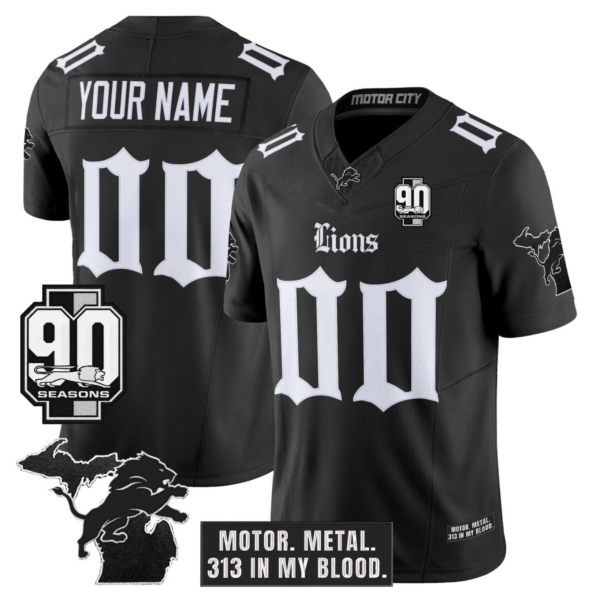 Detroit Lions 'Gothic Motor Grit Edition' 90th Season Patch Vapor Limited Custom Jersey - All Stitched - Black