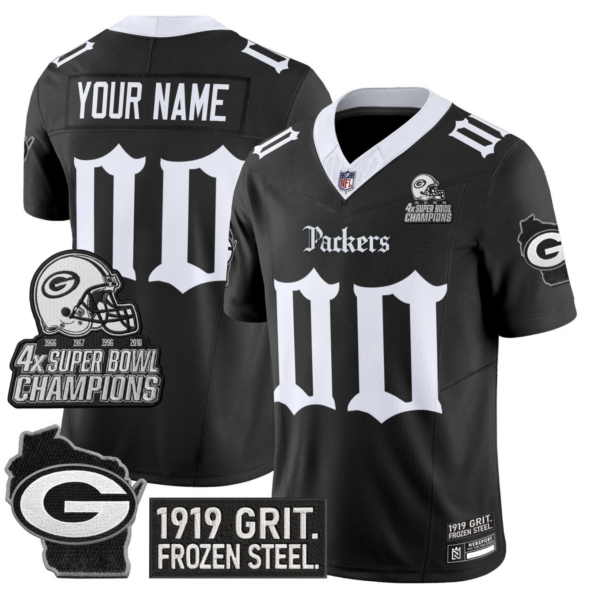 Green Bay Packers 'Gothic Frozen Tundra Edition' 4x Champions Patch Vapor Limited Custom Jersey - All Stitched - Black