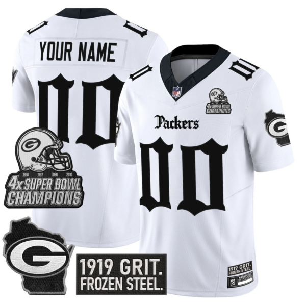 Green Bay Packers 'Gothic Frozen Tundra Edition' 4x Champions Patch Vapor Limited Custom Jersey - All Stitched - White