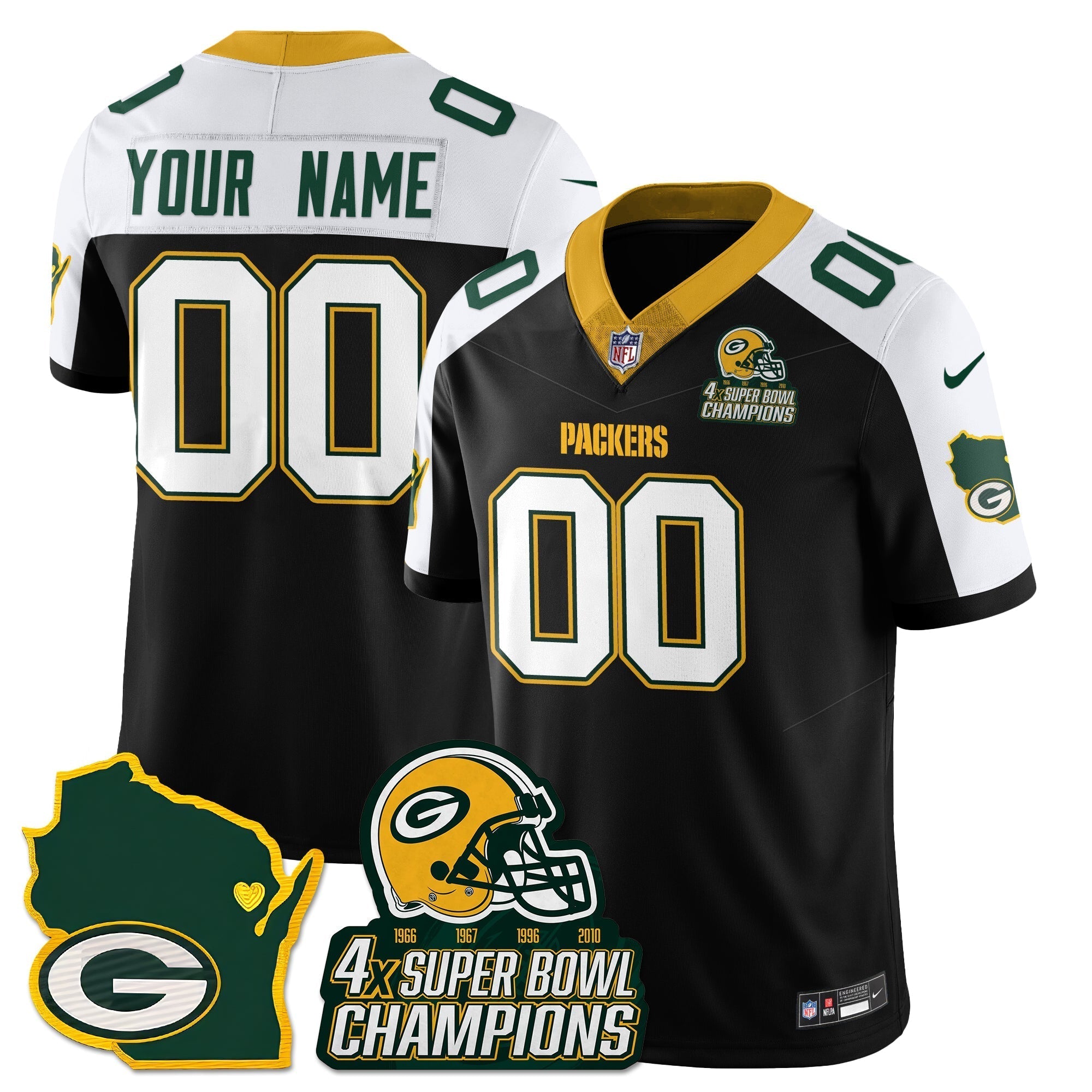 Green Bay Packers 4x Champions Patch Vapor Limited Custom Jersey - All Stitched - Black Alternate