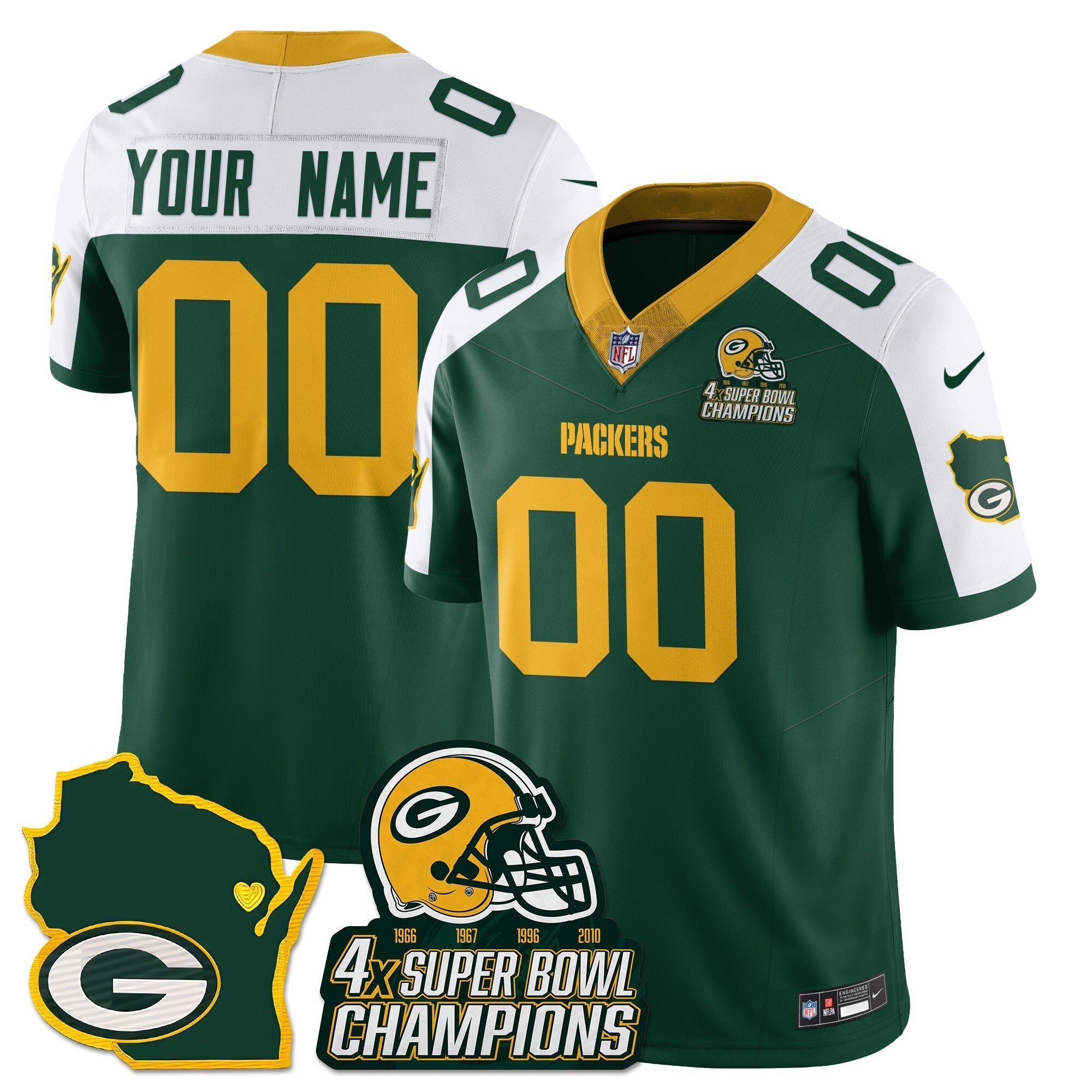Green Bay Packers 4x Champions Patch Vapor Limited Custom Jersey - All Stitched - Green Alternate
