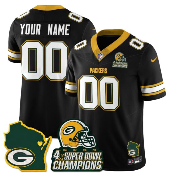 Green Bay Packers 4x Champions Patch Vapor Limited Custom Jersey - All Stitched - Black