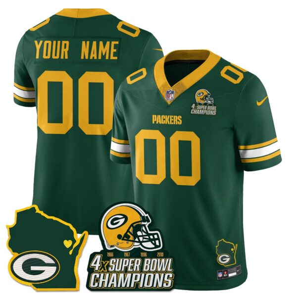 Green Bay Packers 4x Champions Patch Vapor Limited Custom Jersey - All Stitched - Green