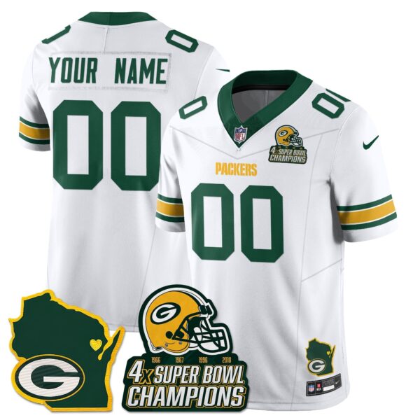 Green Bay Packers 4x Champions Patch Vapor Limited Custom Jersey - All Stitched - White