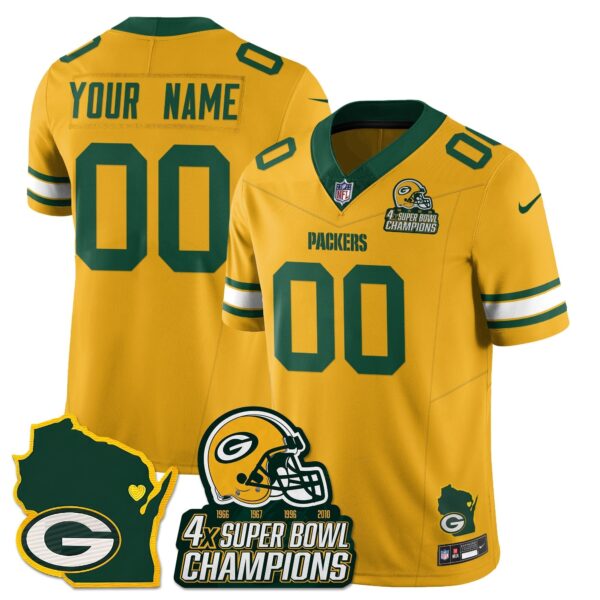 Green Bay Packers 4x Champions Patch Vapor Limited Custom Jersey - All Stitched - Yellow