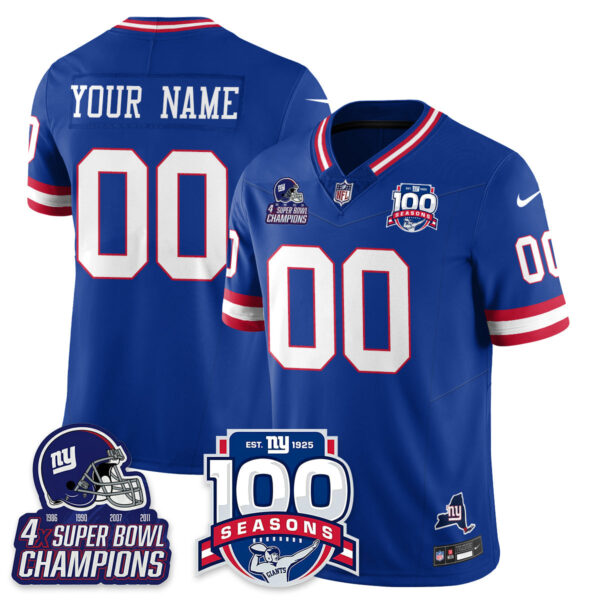 New York Giants 4x Champions 100th Season Patch Vapor Limited Custom Jersey - All Stitched - Royal