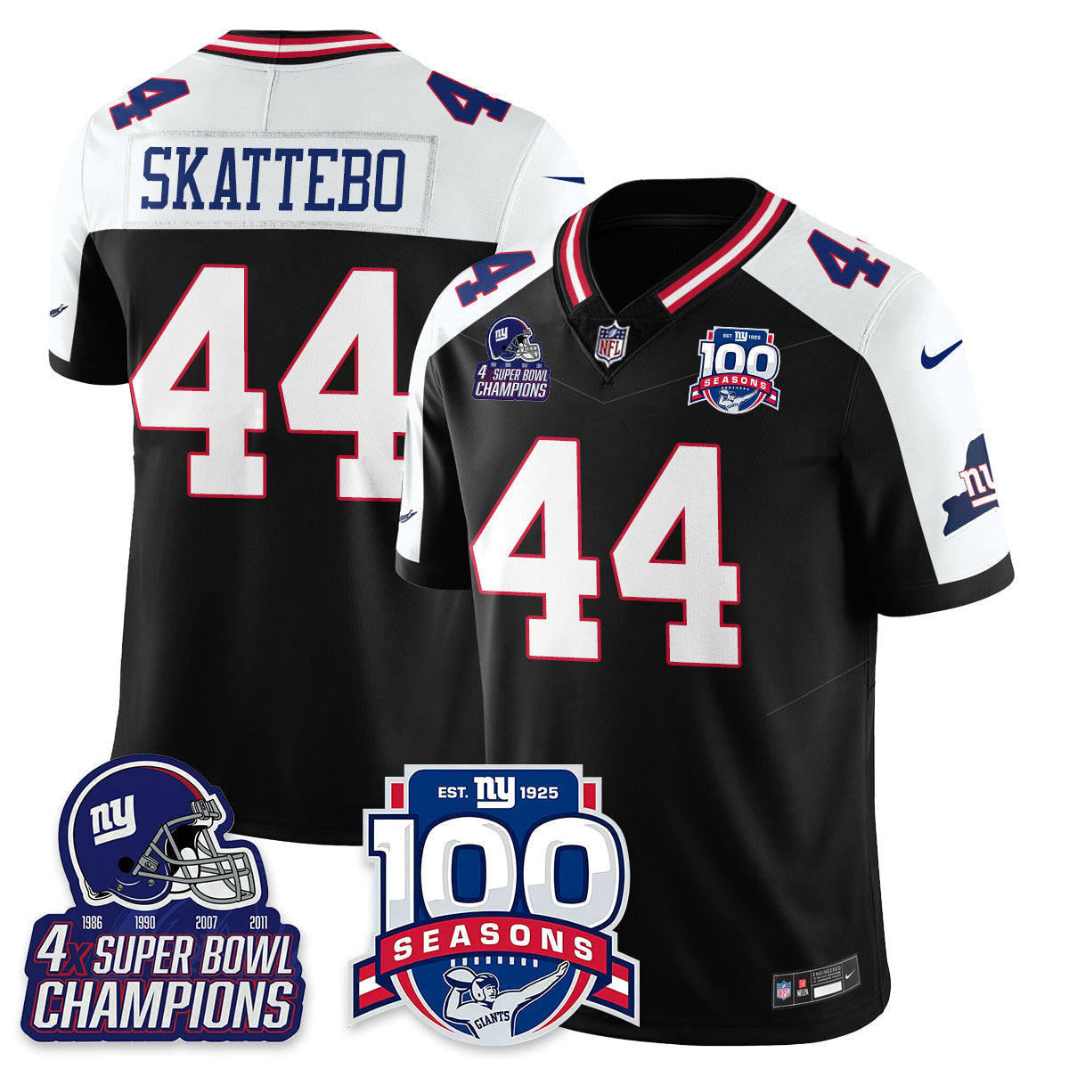 New York Giants Cam Skattebo 4x Champions 100th Season Patch Vapor Limited Jersey - All Stitched - Black Alternate