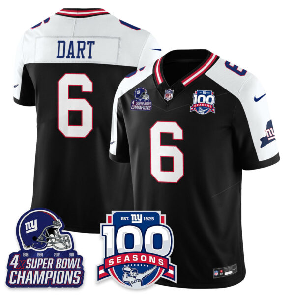 New York Giants Jaxson Dart 4x Champions 100th Season Patch Vapor Limited Jersey - All Stitched - Black Alternate