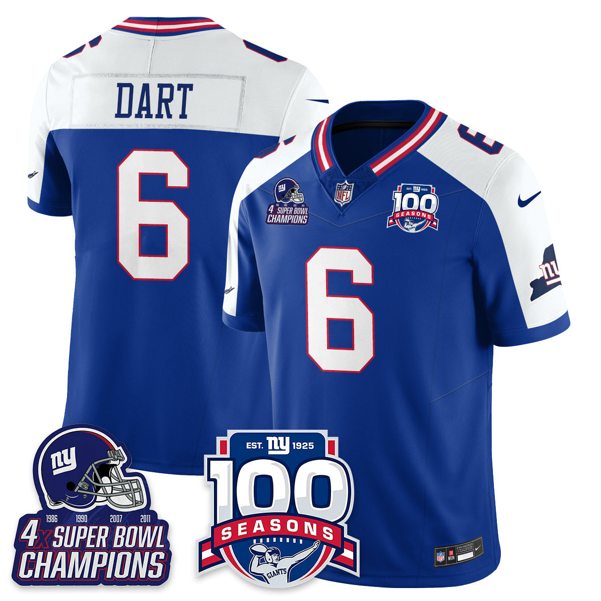 New York Giants Jaxson Dart 4x Champions 100th Season Patch Vapor Limited Jersey - All Stitched - Royal Alternate