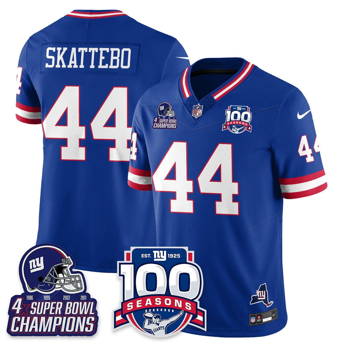 New York Giants Cam Skattebo 4x Champions 100th Season Patch Vapor Limited Jersey - All Stitched - Royal