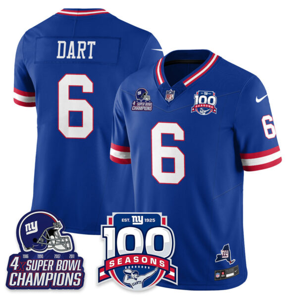 New York Giants Jaxson Dart 4x Champions 100th Season Patch Vapor Limited Jersey - All Stitched - Royal