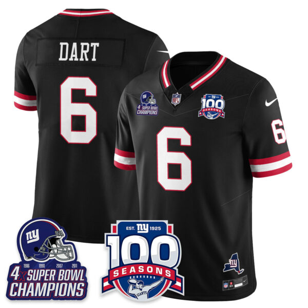 New York Giants Jaxson Dart 4x Champions 100th Season Patch Vapor Limited Jersey - All Stitched - Black