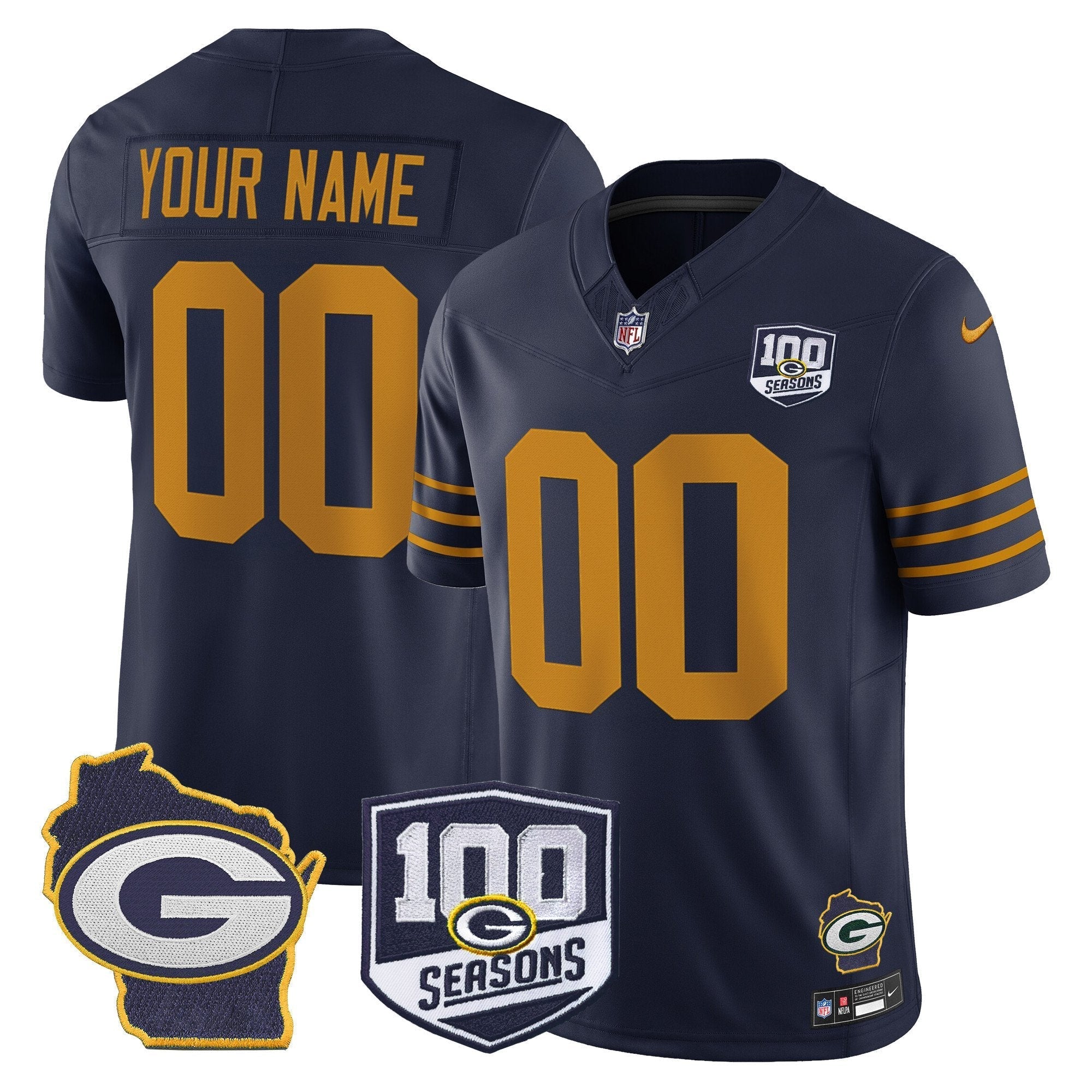Green Bay Packers 100th Season & Home Patch Vapor Limited Custom Jersey - All Stitched - Navy