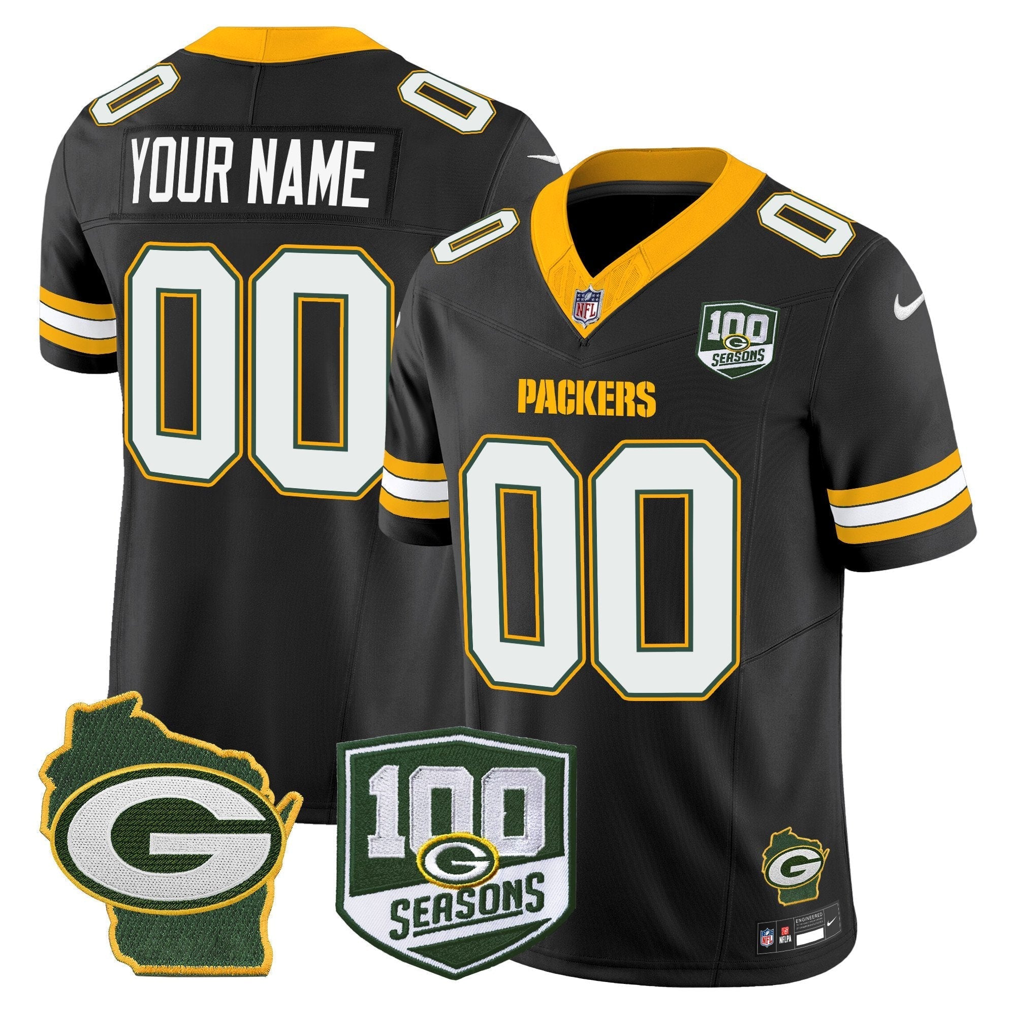 Green Bay Packers 100th Season & Home Patch Vapor Limited Custom Jersey - All Stitched - Black