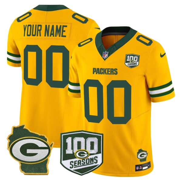Green Bay Packers 100th Season & Home Patch Vapor Limited Custom Jersey - All Stitched - Gold