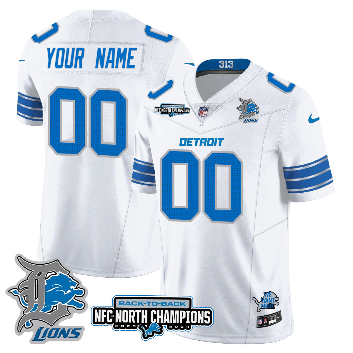 Detroit Lions Back To Back NFC North Champions Gold Custom Jersey - All Stitched - White