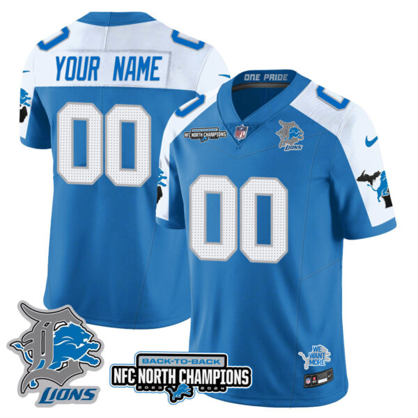 Detroit Lions Back To Back NFC North Champions Gold Custom Jersey - All Stitched - Blue Alternate
