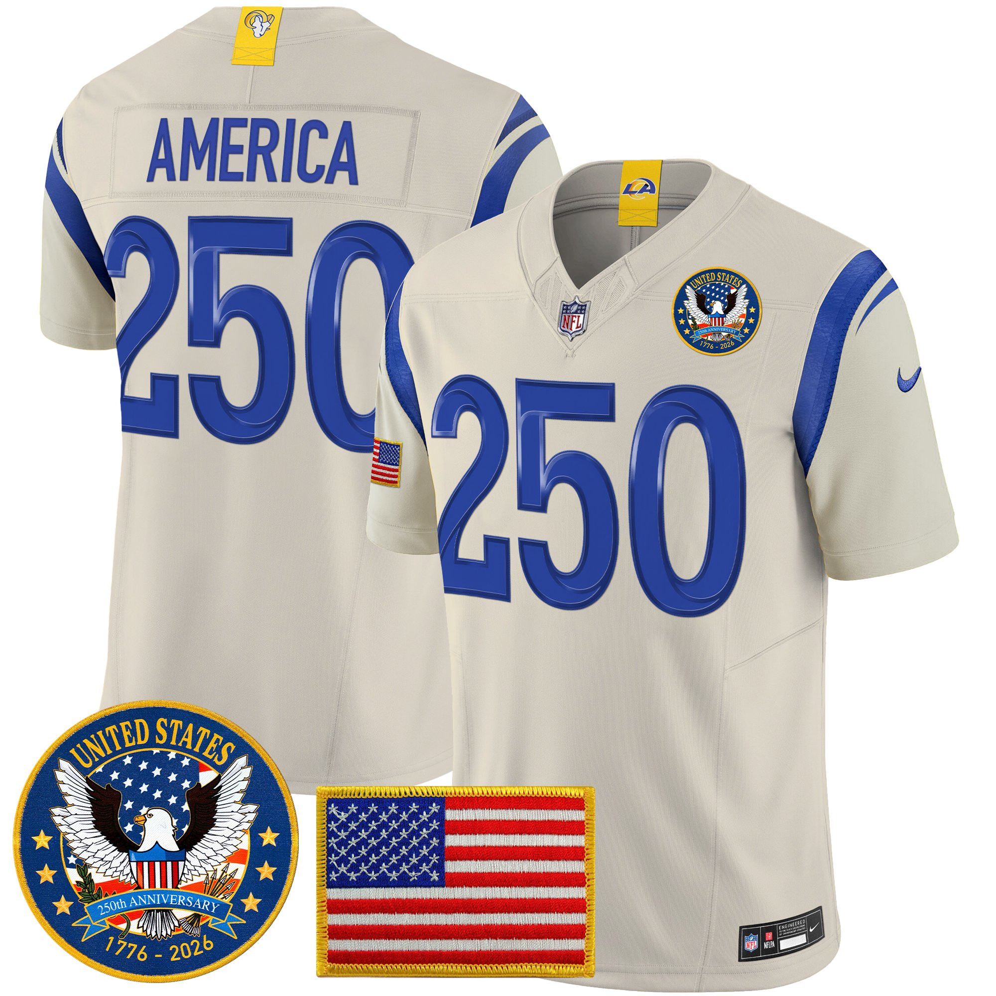 Los Angeles Rams Celebrating America's 250th Anniversary Patch Vapor Limited Jersey - All Stitched - Bone