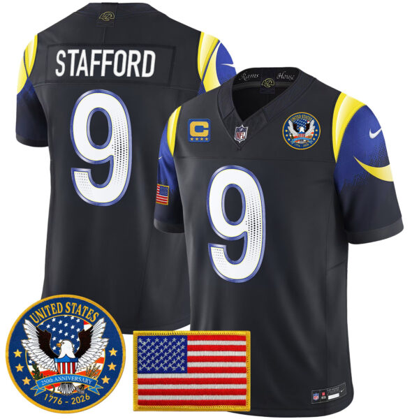 Los Angeles Rams Matthew Stafford Celebrating America's 250th Anniversary Patch Vapor Limited Jersey - All Stitched - Navy Rivalries