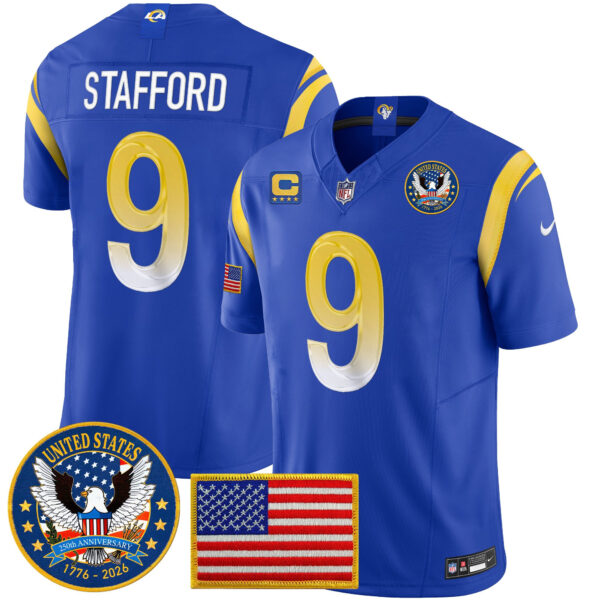 Los Angeles Rams Matthew Stafford Celebrating America's 250th Anniversary Patch Vapor Limited Jersey - All Stitched - Royal