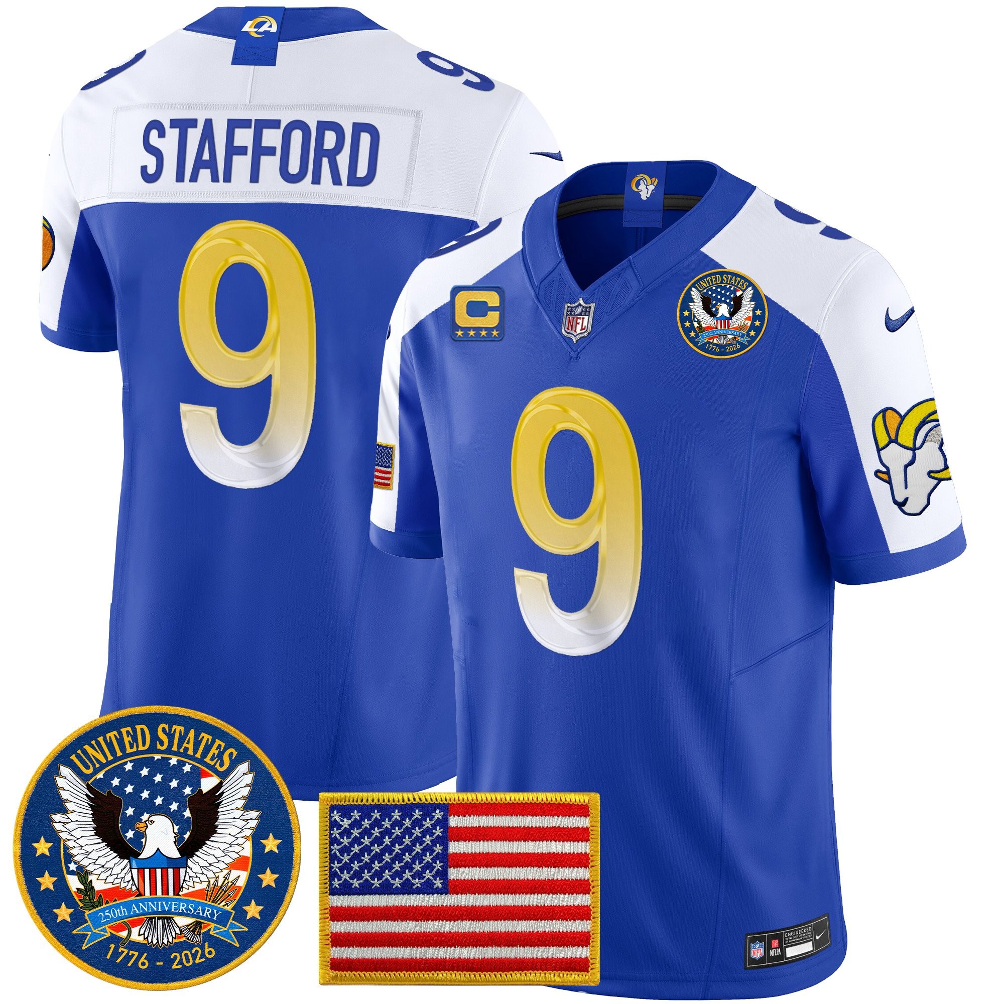 Los Angeles Rams Matthew Stafford Celebrating America's 250th Anniversary Patch Vapor Limited Jersey - All Stitched - Royal Alternate