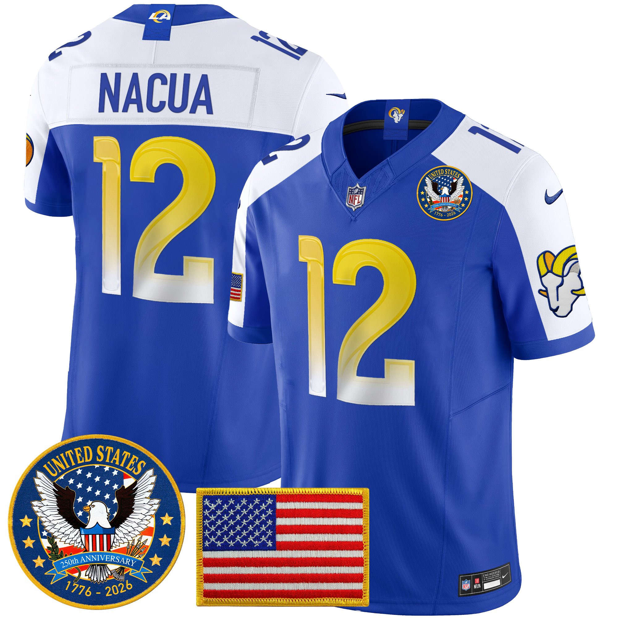 Los Angeles Rams Puka Nacua Celebrating America's 250th Anniversary Patch Vapor Limited Jersey - All Stitched - Royal Alternate