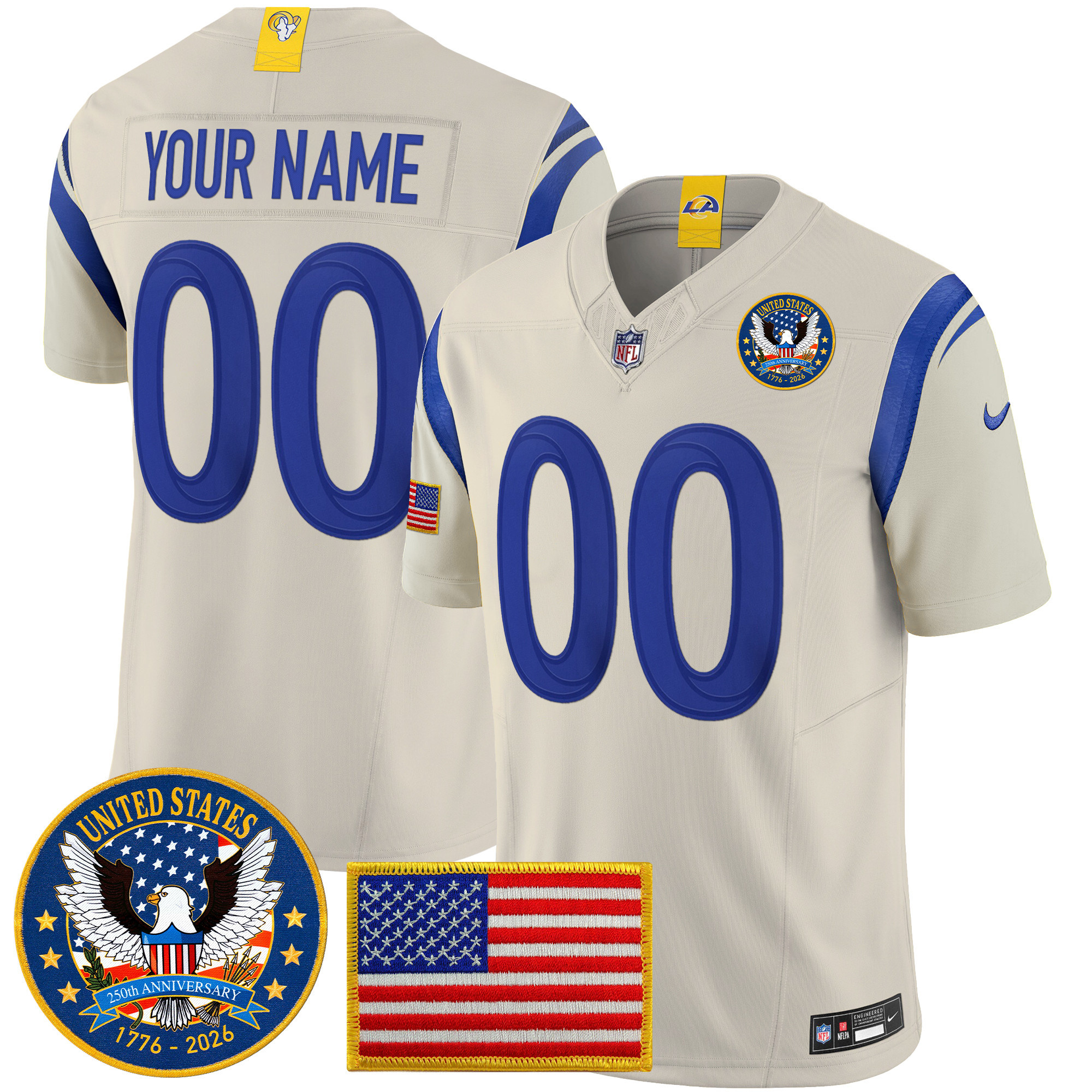 Los Angeles Rams Celebrating America's 250th Anniversary Patch Vapor Limited Custom Jersey - All Stitched - Bone