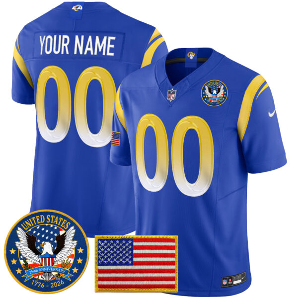 Los Angeles Rams Celebrating America's 250th Anniversary Patch Vapor Limited Custom Jersey - All Stitched - Royal