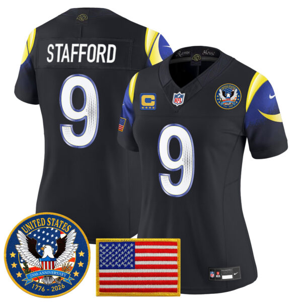 Women's Los Angeles Rams Matthew Stafford Celebrating America's 250th Anniversary Patch Vapor Limited Jersey - All Stitched - Navy Rivalries
