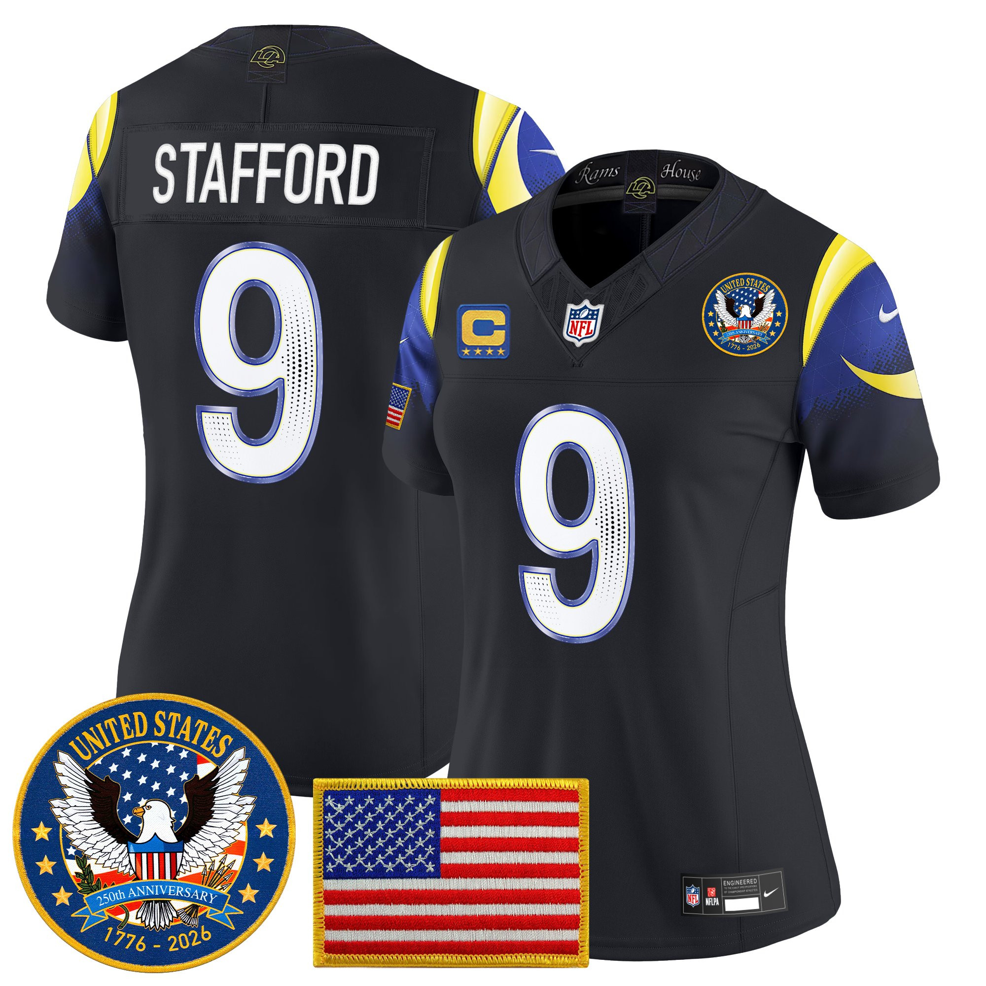 Women's Los Angeles Rams Matthew Stafford Celebrating America's 250th Anniversary Patch Vapor Limited Jersey - All Stitched - Navy Rivalries