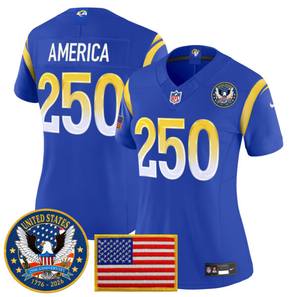 Women's Los Angeles Rams Celebrating America's 250th Anniversary Patch Vapor Limited Jersey - All Stitched - Royal