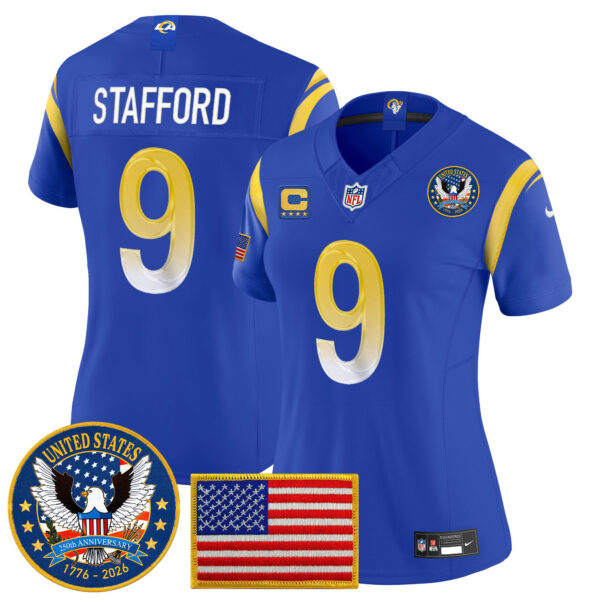 Women's Los Angeles Rams Matthew Stafford Celebrating America's 250th Anniversary Patch Vapor Limited Jersey - All Stitched - Royal