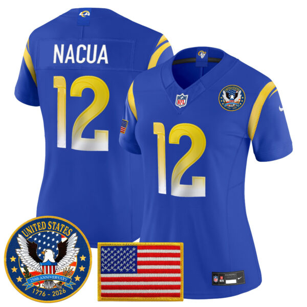 Women's Los Angeles Rams Puka Nacua Celebrating America's 250th Anniversary Patch Vapor Limited Jersey - All Stitched - Royal