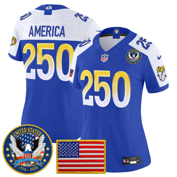 Women's Los Angeles Rams Celebrating America's 250th Anniversary Patch Vapor Limited Jersey - All Stitched - Royal Alternate