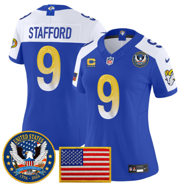 Women's Los Angeles Rams Matthew Stafford Celebrating America's 250th Anniversary Patch Vapor Limited Jersey - All Stitched - Royal Alternate