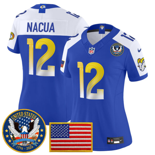 Women's Los Angeles Rams Puka Nacua Celebrating America's 250th Anniversary Patch Vapor Limited Jersey - All Stitched - Royal Alternate