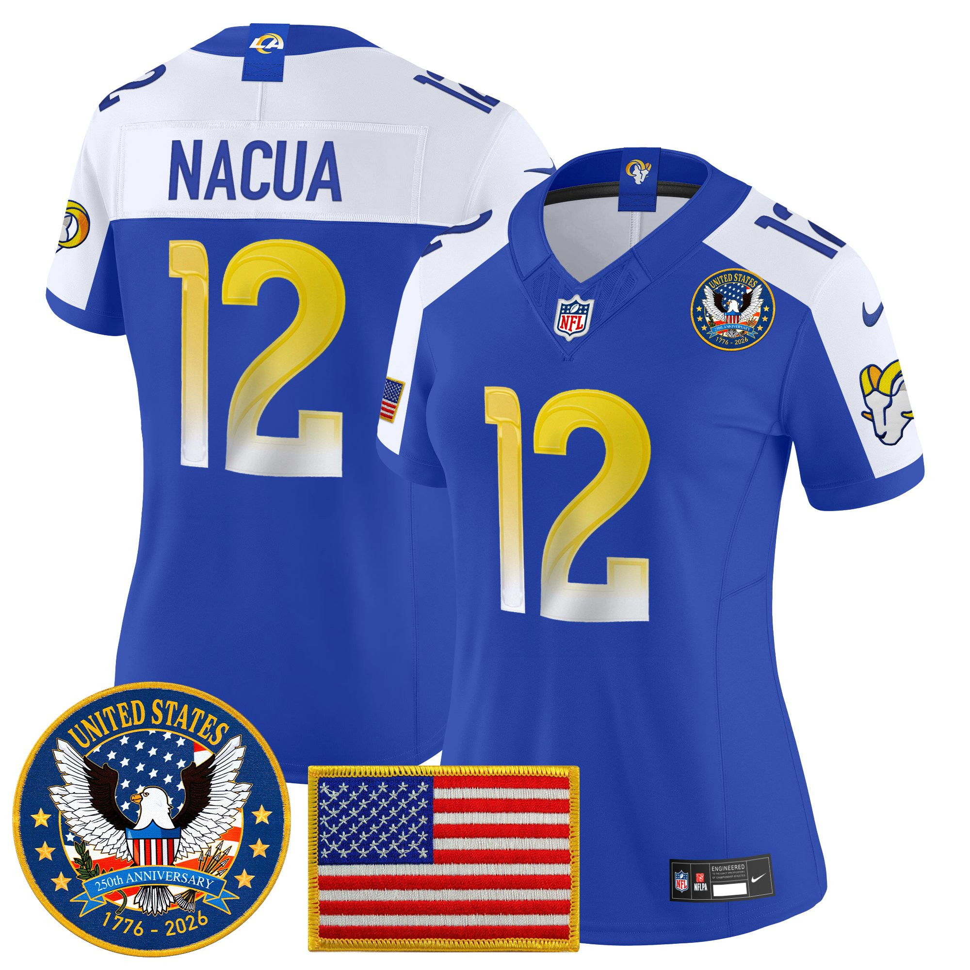 Women's Los Angeles Rams Puka Nacua Celebrating America's 250th Anniversary Patch Vapor Limited Jersey - All Stitched - Royal Alternate