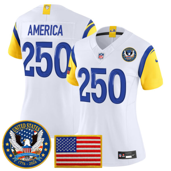 Women's Los Angeles Rams Celebrating America's 250th Anniversary Patch Vapor Limited Jersey - All Stitched - White