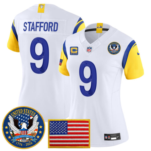 Women's Los Angeles Rams Matthew Stafford Celebrating America's 250th Anniversary Patch Vapor Limited Jersey - All Stitched - White