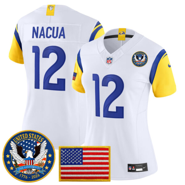 Women's Los Angeles Rams Puka Nacua Celebrating America's 250th Anniversary Patch Vapor Limited Jersey - All Stitched - White