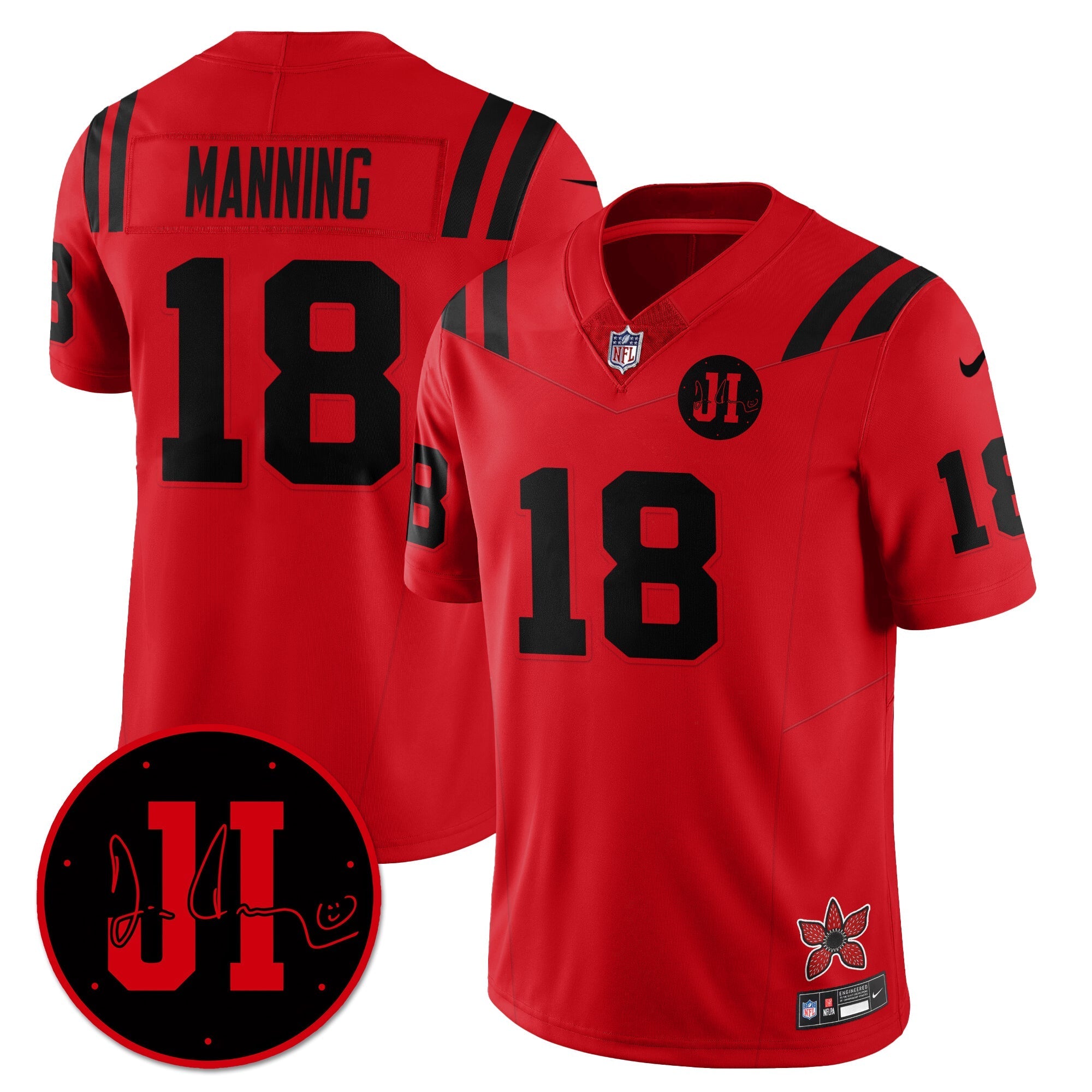 Indianapolis Colts Peyton Manning 'Stranger Things Edition' Jim Irsay Patch Vapor Limited Jersey - All Stitched - Red