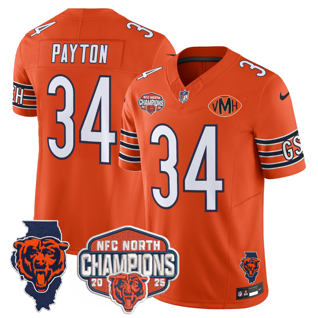 Chicago Bears Walter Payton 2025 NFC North Champions Patch Vapor Limited Jersey - All Stitched - Orange