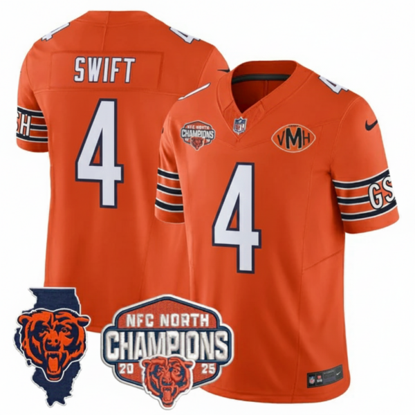 Chicago Bears D'Andre Swift 2025 NFC North Champions Patch Vapor Limited Jersey - All Stitched - Orange