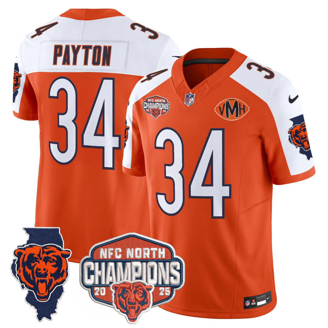 Chicago Bears Walter Payton 2025 NFC North Champions Patch Vapor Limited Jersey - All Stitched - Orange Alternate