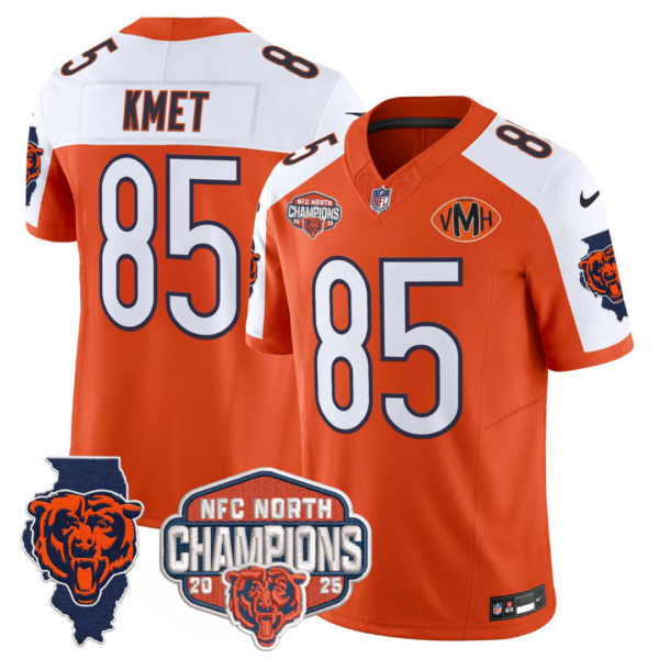 Chicago Bears Cole Kmet 2025 NFC North Champions Patch Vapor Limited Jersey - All Stitched - Orange Alternate