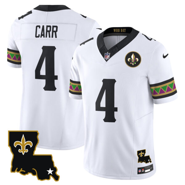 New Orleans Saints Derek Carr Mardi Gras Vapor Limited Custom Jersey - All Stitched - White