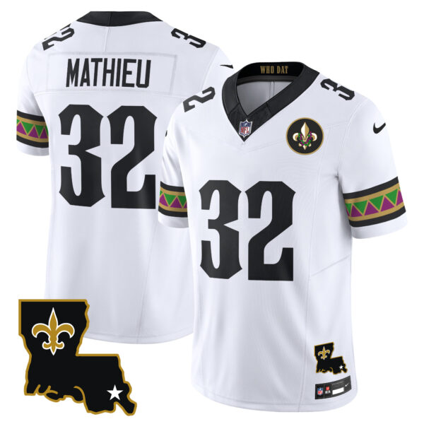 New Orleans Saints Tyrann Mathieu Mardi Gras Vapor Limited Custom Jersey - All Stitched - White