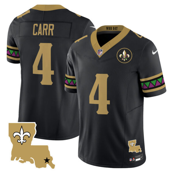 New Orleans Saints Derek Carr Mardi Gras Vapor Limited Custom Jersey - All Stitched - Black