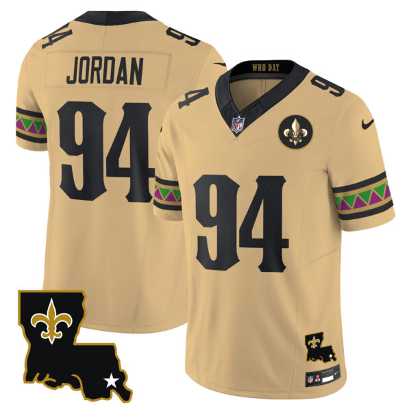 New Orleans Saints Cameron Jordan Mardi Gras Vapor Limited Custom Jersey - All Stitched - Gold
